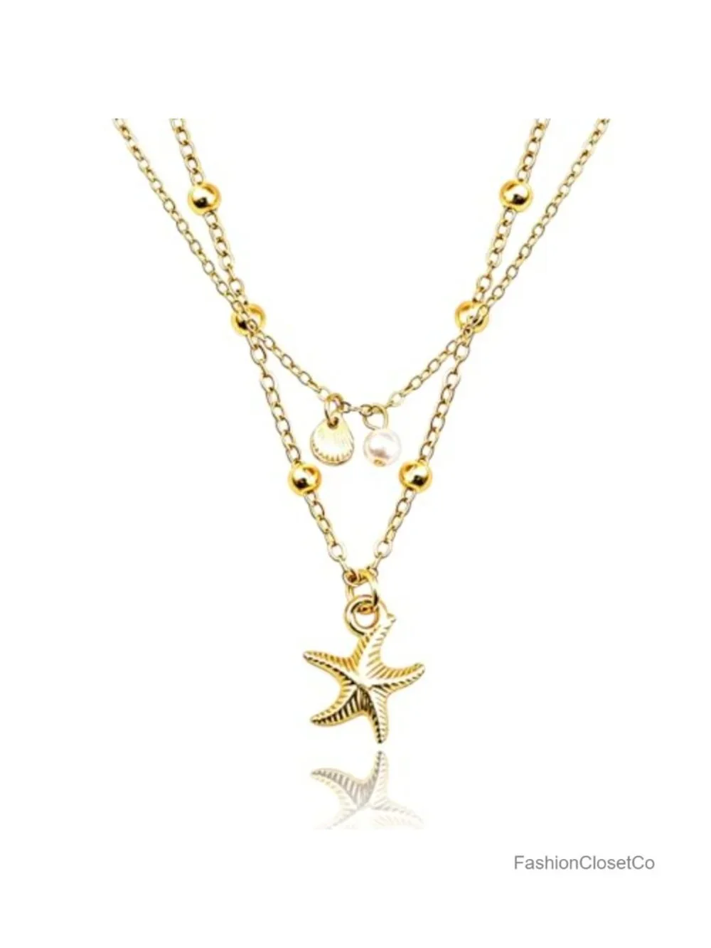 Layered Shell & Starfish Pendant Necklace, Zinc Alloy, Adjustable